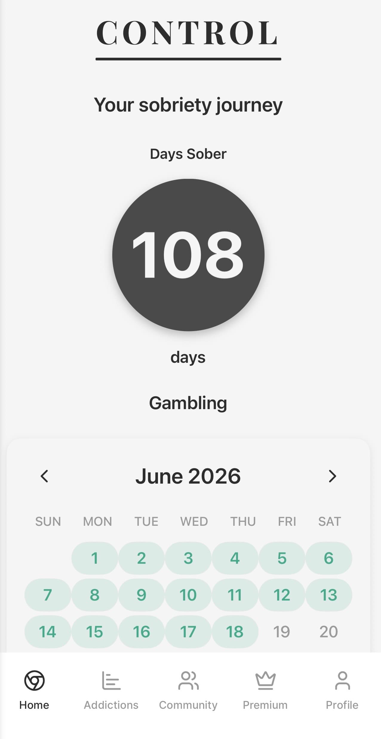 Control home screen showing 108 days sober with calendar