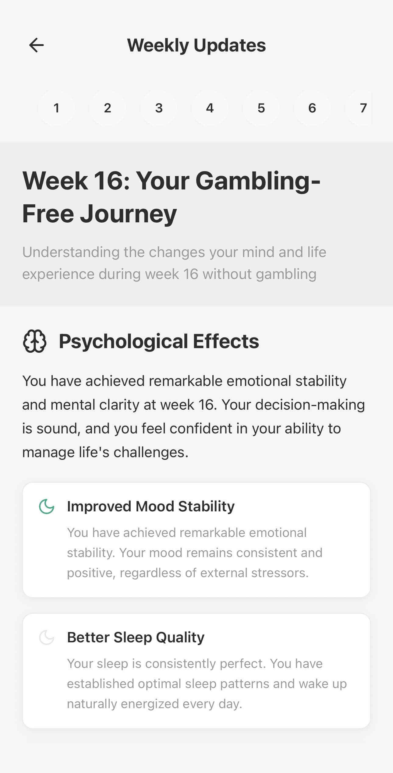 Control weekly updates for week 16 of gambling-free journey