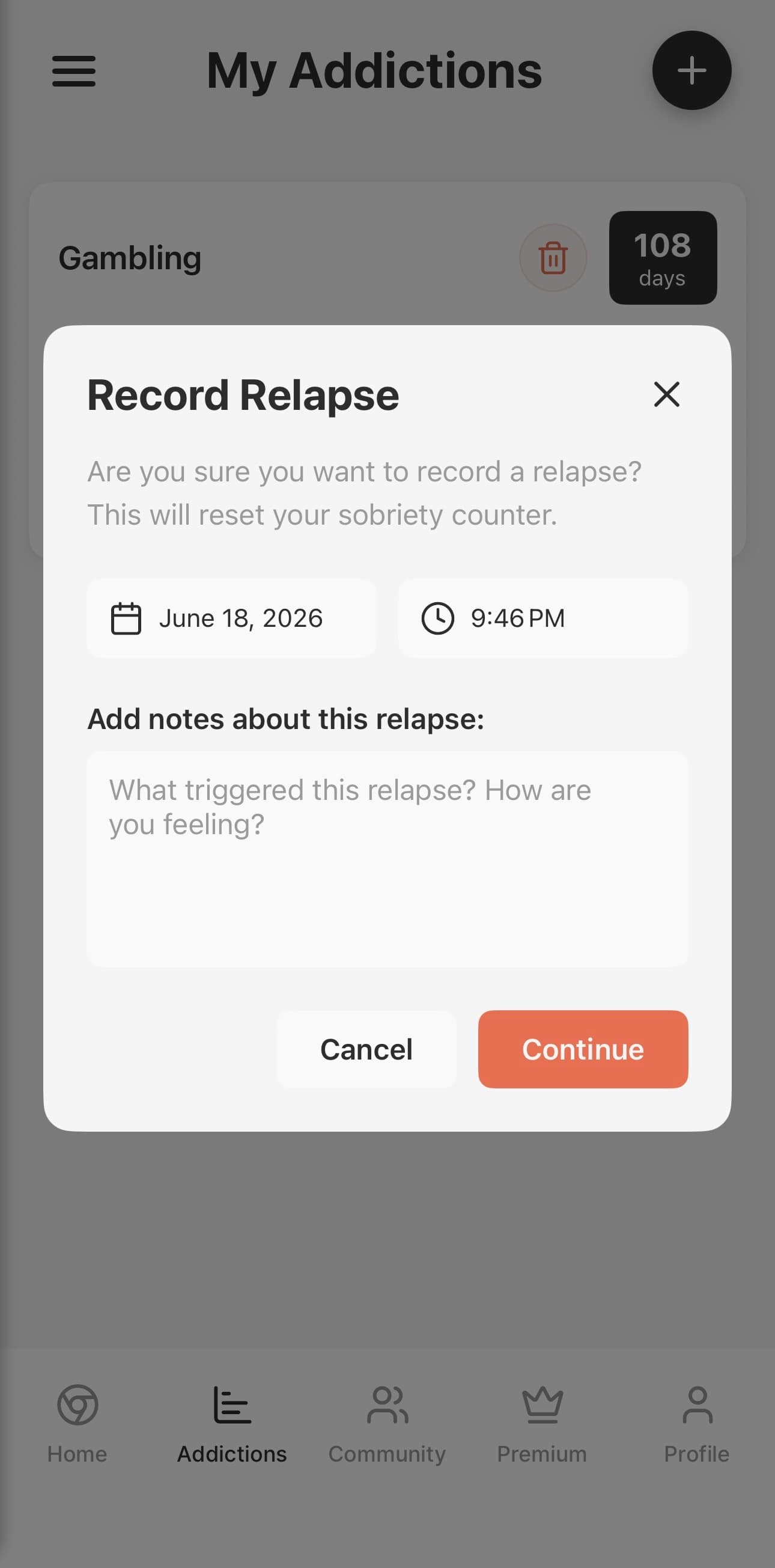 Control addictions screen with relapse tracking