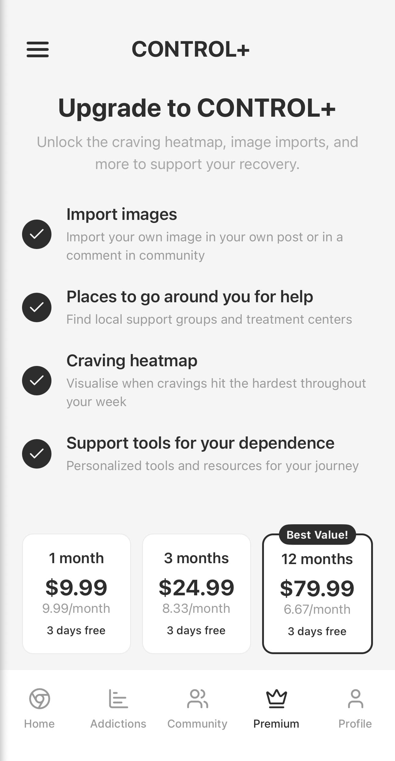 Control+ premium upgrade screen with subscription plans