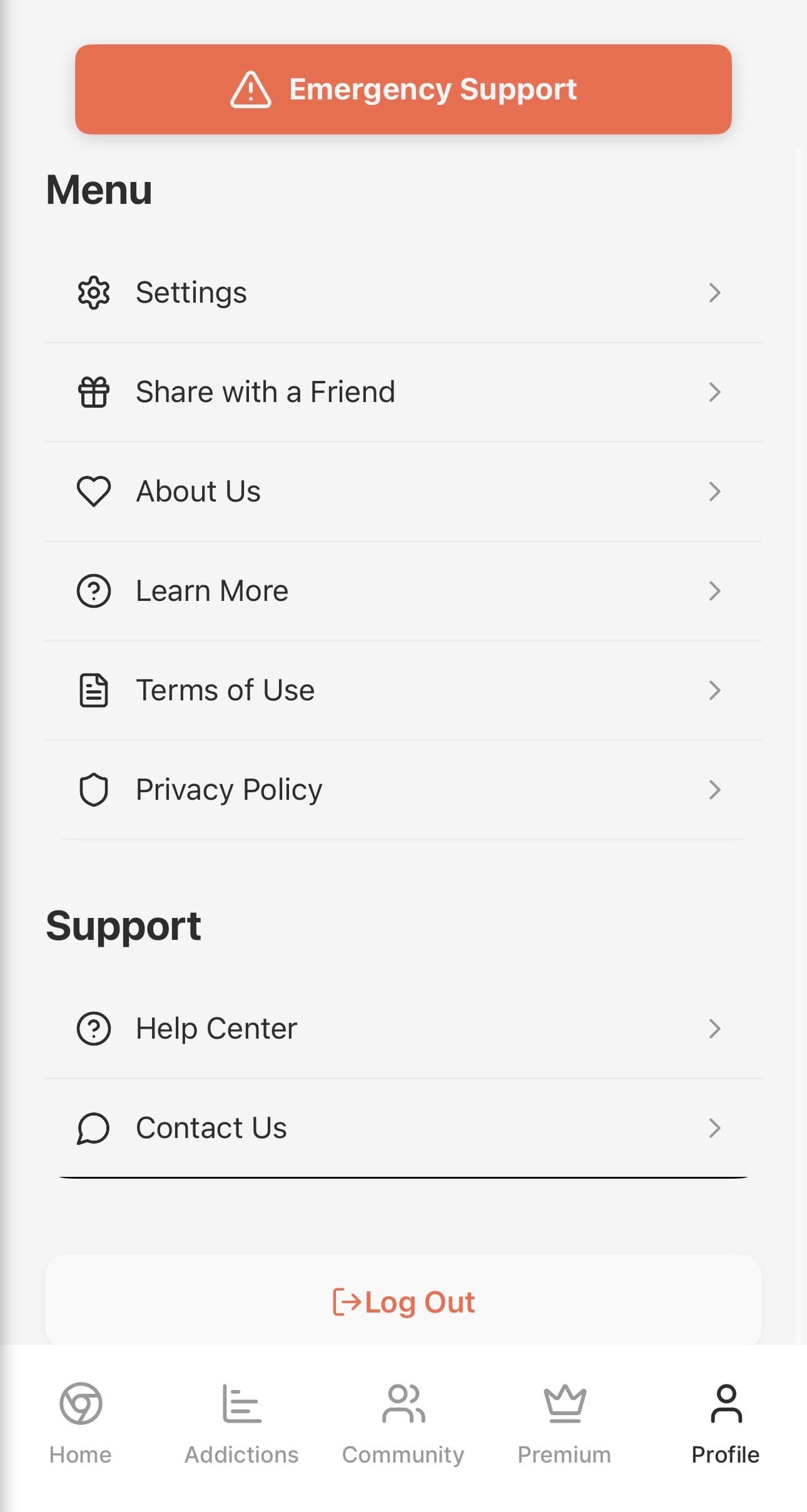 Control profile screen with emergency support